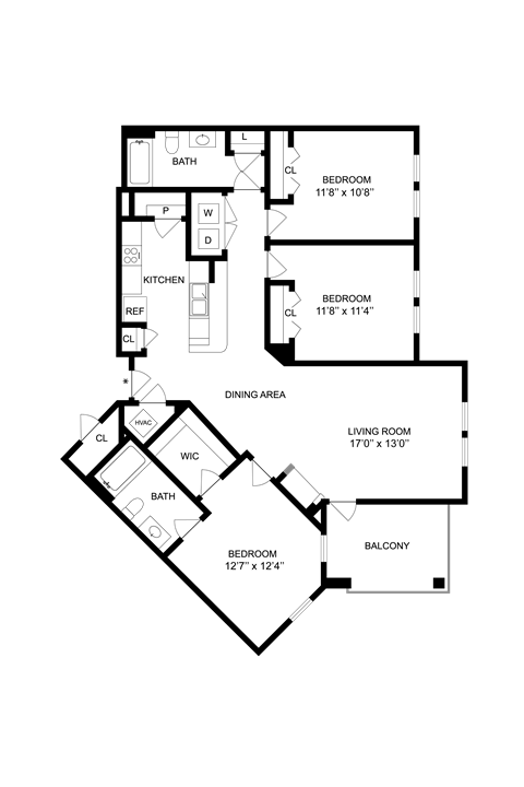 Floor plan for 3 beds, 2 baths, 1287 sqft